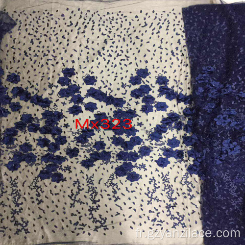 Dentelle bleue de broderie de fleur 3d pour la robe de soirée